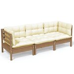 vidaXL Canapé 3 places de jardin et coussins crème Bois de pin solide