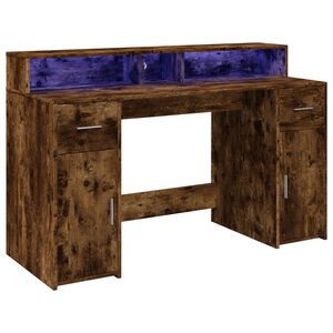 Bureau table poste de travail meuble d'ordinateur informatique étude et lumières LED chêne fumé 140 x 55 x 91cm bois d'ingénierie brun 02_0023784