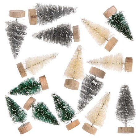 15 petits sapins de Noël décoratifs 5 cm - vert-gris-blanc