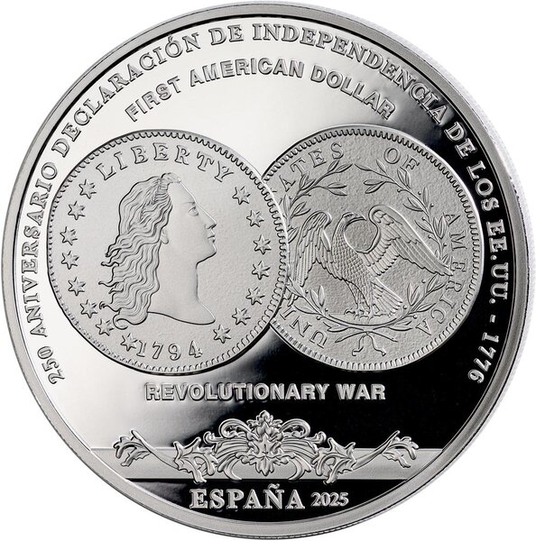 Pièce de monnaie en Argent 10 Euro g 27 Millésime 2025 Revolutionary War FIRST AMERICAN DOLLAR