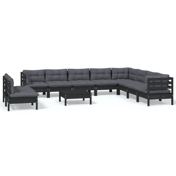 vidaXL Salon de jardin 11 Pièces avec coussins Noir Bois de pin solide