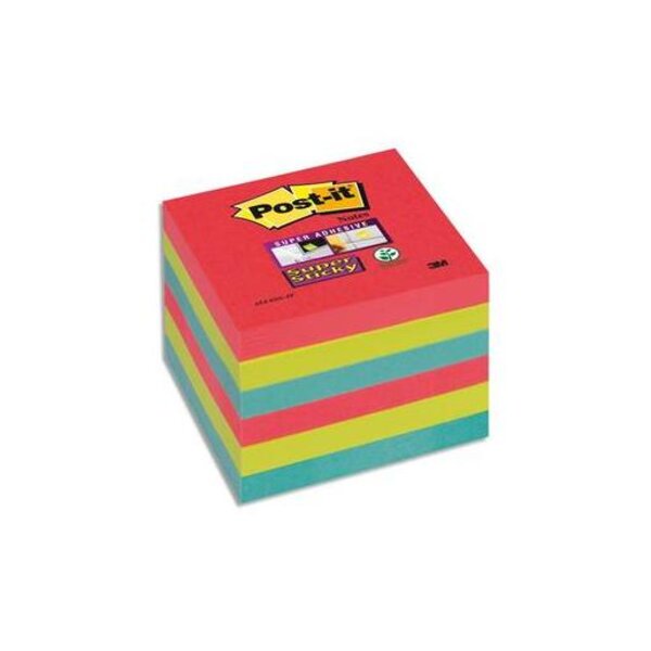 Lot 6 blocs repositionnables SUPER STICKY 76x76mm  coloris Coquelicot/Vert Néon/Saphir POST-IT