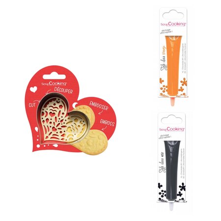 Kit pour biscuit en relief Coeur + 2 Stylos au chocolat orange et noir