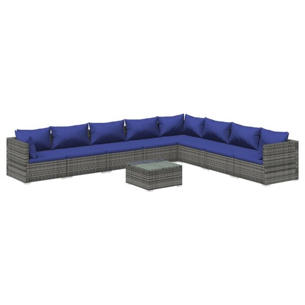 vidaXL Salon de jardin 9 Pièces avec coussins Résine tressée Gris