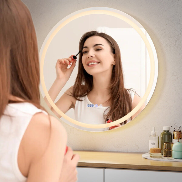 Miroir mural rond anti-buée 80 x 80 cm avec 3 éclairages réglables design élégant en métal argent 20_0020840