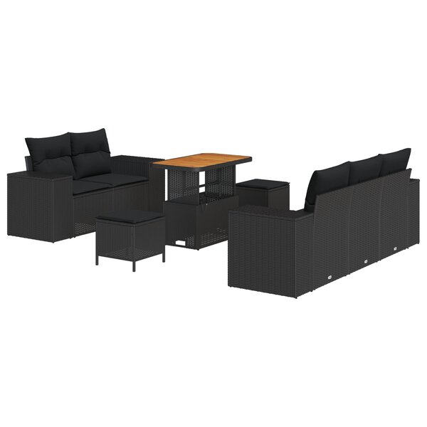 Ensemble de canapé de jardin 8 pièces avec coussins en poly rattan noir et acacia