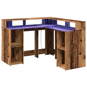 Bureau table poste de travail meuble d'ordinateur informatique étude avec lumières LED vieux bois bois d'ingénierie brun 02_0023439