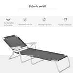 Bain de soleil pliable - transat inclinable 4 positions - chaise longue grand confort avec accoudoirs - métal époxy textilène - dim. 160L x 66l x 80H cm - gris foncé