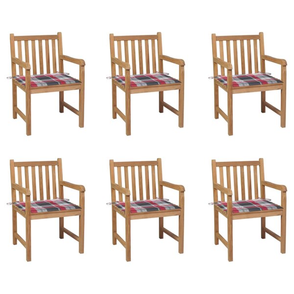 vidaXL Chaises de jardin lot de 6 et coussins carreaux rouge bois teck