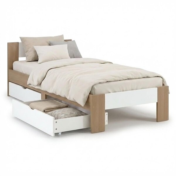 Lit en Bois 90x200 cm Chêne Marron Blanc avec Matelas à ressorts
