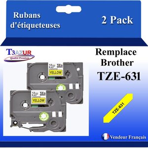 2x Rubans d'étiqueteuses compatibles avec Brother Tze631  Tze-631 pour étiqueteuses P-touch - Texte noir sur fond jaune