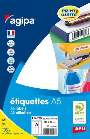 Etiquettes blanches 16 feuilles A5 97x46mm 96 pièces