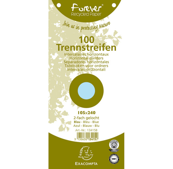 Paquet de 100 Fiches Intercalaire105x240 Recyclée perf/2 Bleu x 12 EXACOMPTA