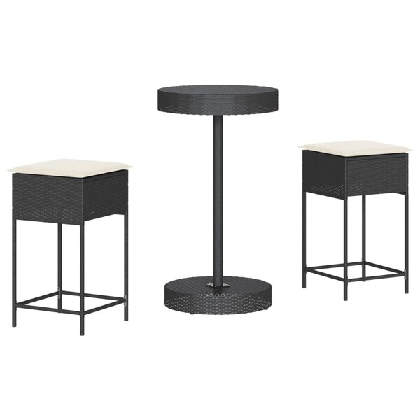 vidaXL Ensemble de bar de jardin 3 Pièces avec coussins noir poly rotin