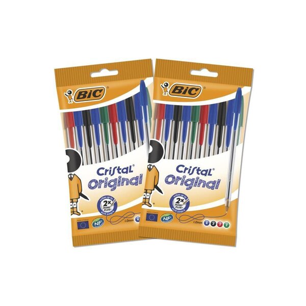 BIC Cristal Original Stylos-Bille Pointe Moyenne (1,0 mm) - Couleurs Assorties, Lot de 2 Pochettes de 10