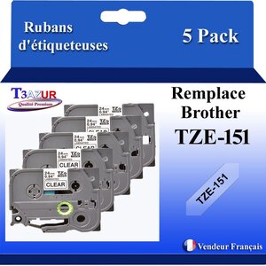 5x Rubans d'étiqueteuses compatibles avec Brother Tze151  Tze-151 pour étiqueteuses P-touch - Texte noir sur fond transparent - T3AZUR