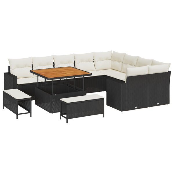 Ensemble de canapés de jardin 12 pièces avec coussins Noir Poly Rotin Acacia