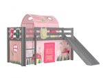 Lit Enfant Surélevé Avec Toboggan Gris + Rideau et tunnel de lit + 3 pochettes spring