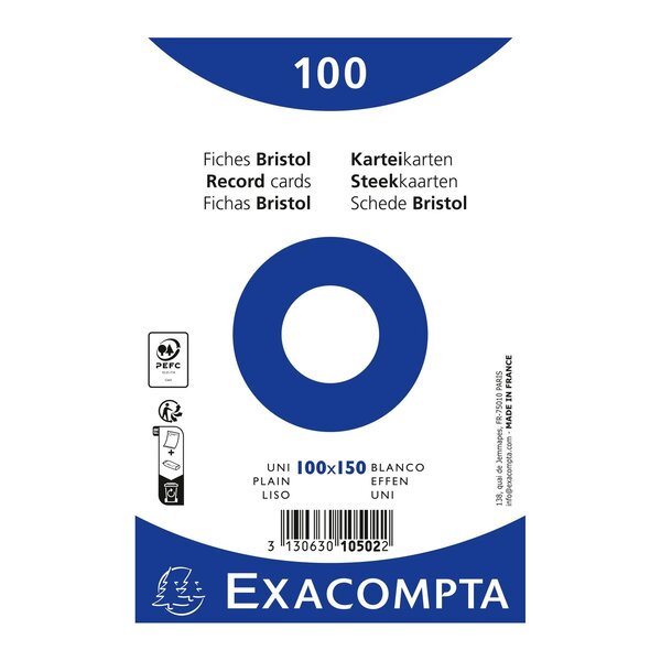 Paquet 100 Fiches Sous Film - Bristol Uni Non Perforé 100x150mm - Blanc - X 20 - Exacompta