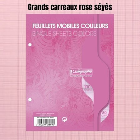 Feuillets mobiles rose perforées 17x22 grands carreaux seyes 80g clairefontaine