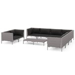 vidaXL Salon de jardin 10 Pièces avec coussins Résine tressée Gris foncé