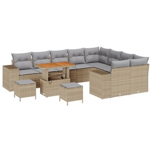 Ensemble de canapé de jardin de 12 pièces avec coussins beige en poly rotin