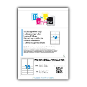 Lot de 100 planches a4 de 16 étiquettes à bords ronds 99 1 x 33 9 mm en papier blanc 70g/m² multifonction