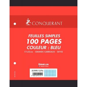 Sachet 50 feuilles perforées seyès 80 g bleu format 17 x 22 cm CONQUERANT