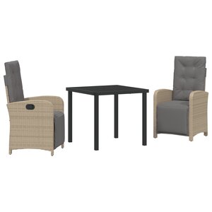 Ensemble de Repas de Jardin 3 Pièces avec Coussins en Rattan Poly Beige