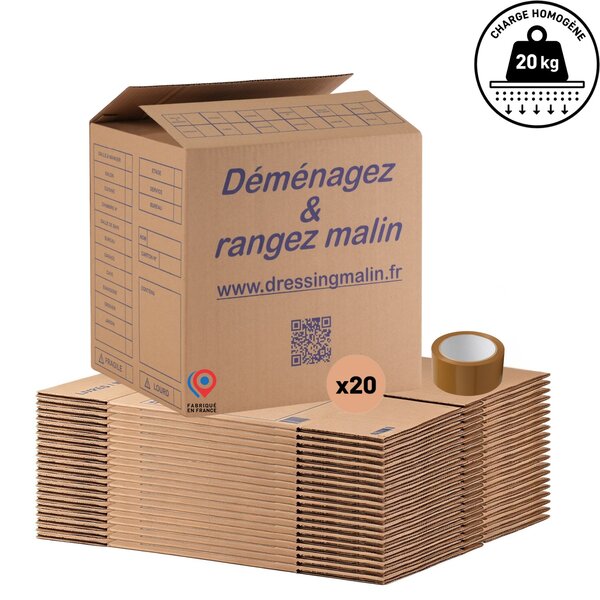 Lot de 20 Cartons Livres 34x26x32 cm + 1 Rouleau Adhésif 68m – Cartons Déménagement Robustes Fabriqués en France Carton de Livraison Stockage Emballage Multi-Usage