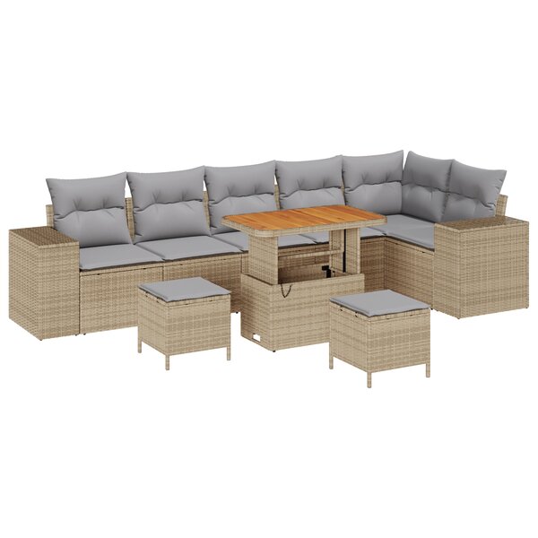 Set de Canapés de Jardin 9 pièces avec Coussins Beige Rotin Poly Acacia