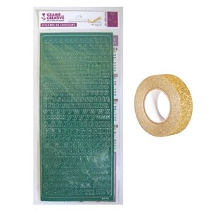 Stickers Alphabet vert 10 5 x 23 2 cm + masking tape doré à paillettes 5 m