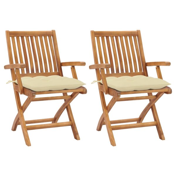 vidaXL Chaises de jardin lot de 2 et coussins blanc crème Teck massif