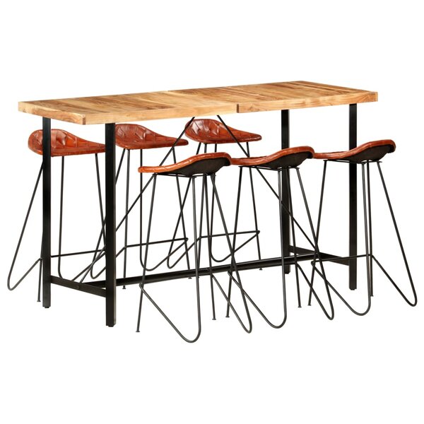 vidaXL Ensemble de bar 7 Pièces Bois d'acacia solide et cuir véritable