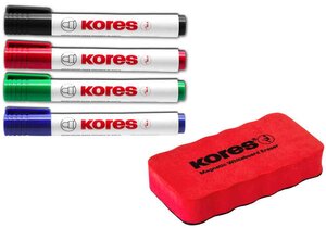 kit de marqueurs pointe ogive pour tableau blanc, 4 marqueurs + effaceur KORES
