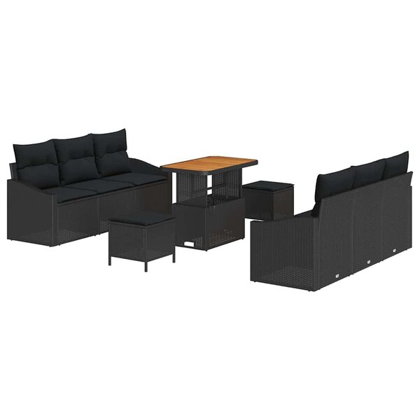 vidaXL Ensemble de Canapé de Jardin en 9 Pièces avec Coussins Noir Poly Rattan Acacia