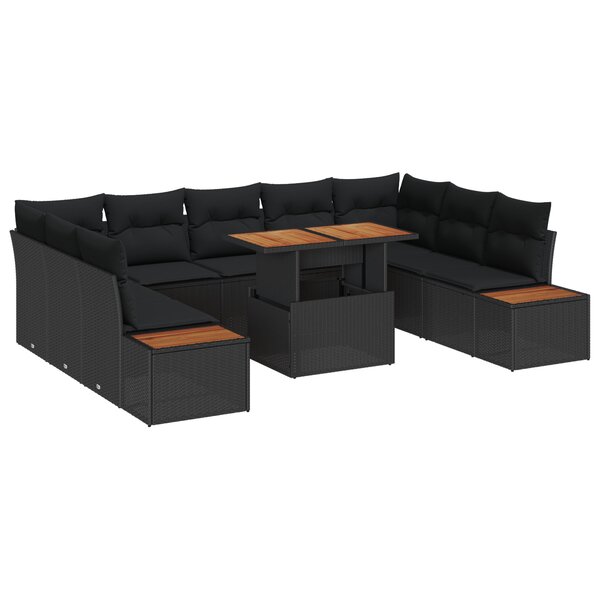 vidaXL Ensemble de salle à manger de jardin de 10 pièces  coussins en poly rotin noir et acacia.