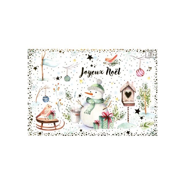 Carte De Voeux - Joyeux Noël Dessin Bonhomme de Neige Décor Doré