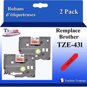 2x Rubans d'étiqueteuses compatibles avec Brother Tze431  Tze-431 pour étiqueteuses P-touch - Texte noir sur fond rouge - Largeur 12 mm x 8 mètres - T3AZUR
