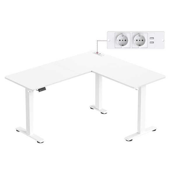 Bureau électrique réglable en hauteur table d’angle en L 140 x 160 cm avec multiprise fonction mémoire 2 hauteurs pour télétravail blanc 12_0004615