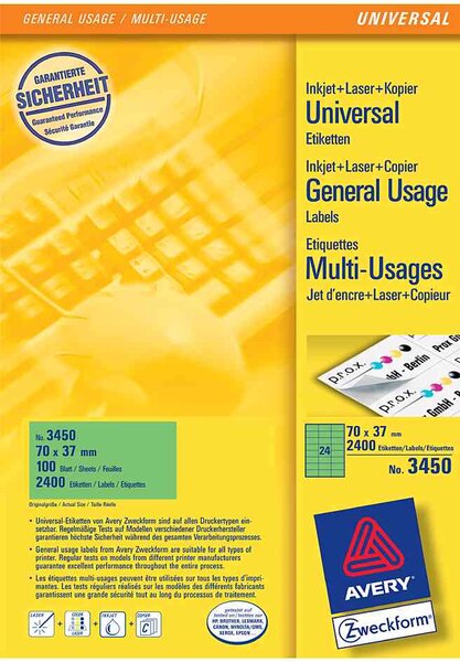 100 étiquettes universelles, 210 x 297 mm, vert avery zweckform