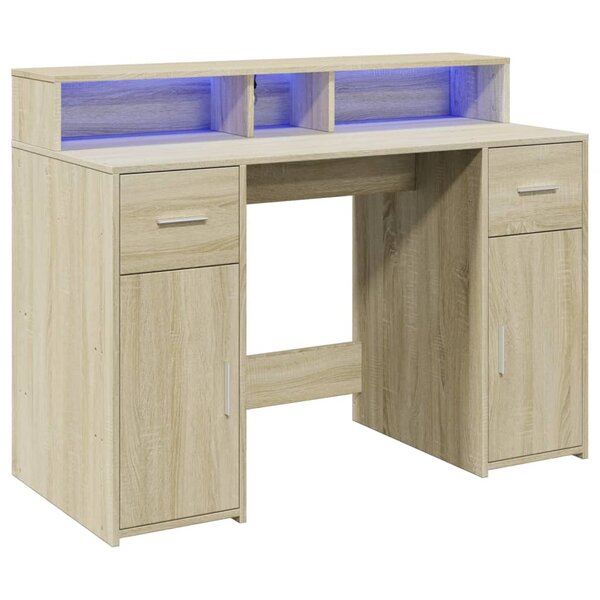 Bureau table poste de travail meuble d'ordinateur informatique étude avec lumières LED chêne sonoma bois d'ingénierie brun 02_0023422