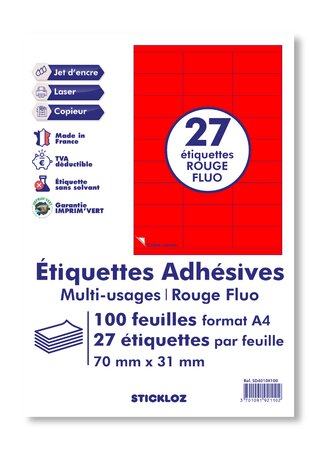 100 planches a4 - 27 étiquettes 70 mm x 31 mm autocollantes fluo rouge par planche pour tous types imprimantes - jet d'encre/laser/photocopieuse