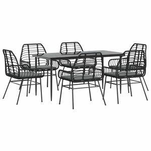 vidaXL Ensemble à manger de jardin coussins 7Pièces noir poly rotin verre