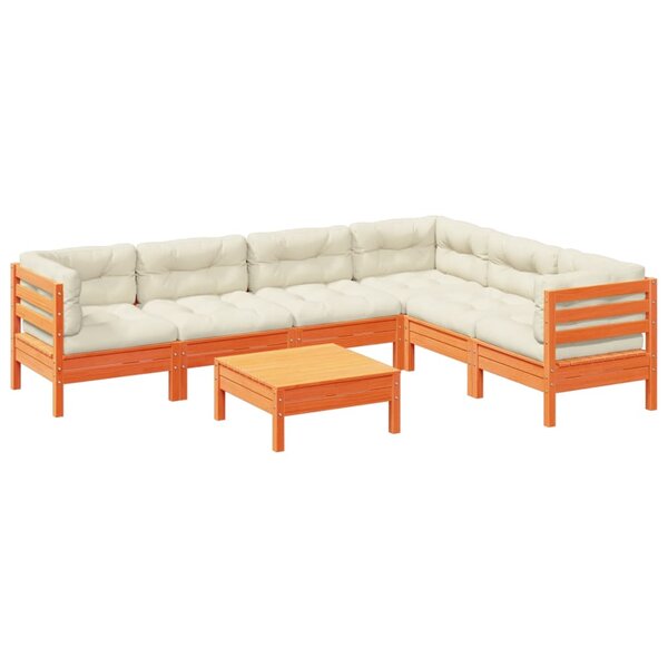 vidaXL Salon de jardin 7 Pièces avec coussins cire marron bois pin massif