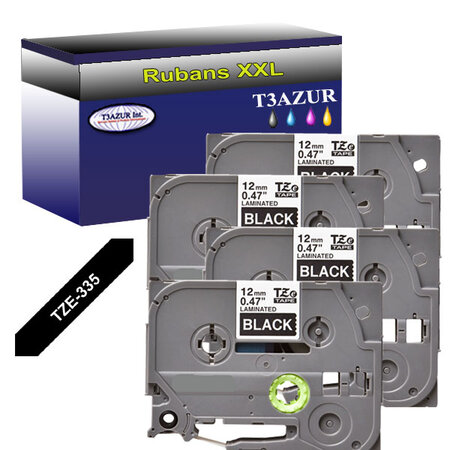 4 x Rubans pour étiquettes laminées générique Brother Tze-335 pour étiqueteuses P-touch - Texte blanc sur fond noir - T3AZUR