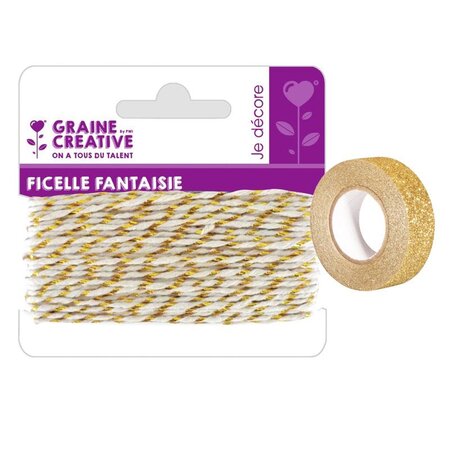 Ficelle blanche-dorée 10 m + masking tape doré à paillettes 5 m