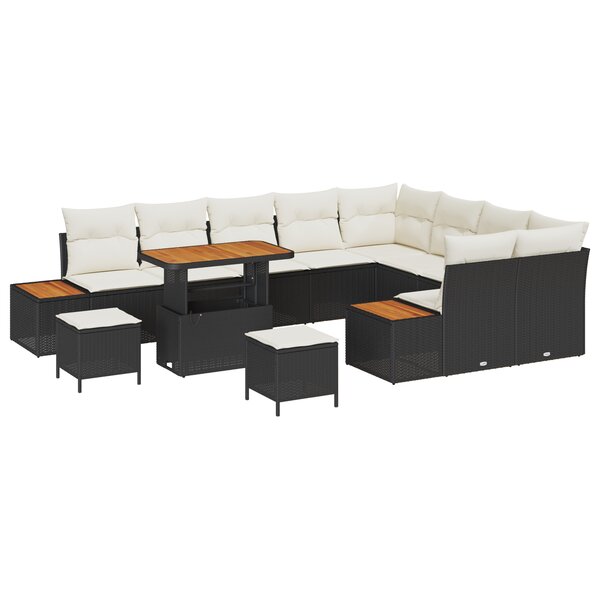 Ensemble de canapés de jardin 12 pièces avec coussins crème poly rattan noir