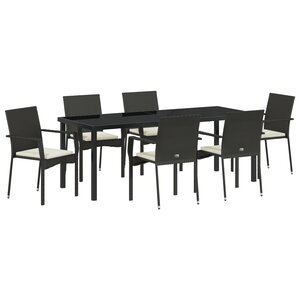 vidaXL Ensemble de Salle à Manger de Jardin de 7 Pièces avec Coussins Noir Poly Rattan