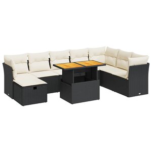 vidaXL Salon de jardin avec coussins 9 Pièces noir résine tressée acacia